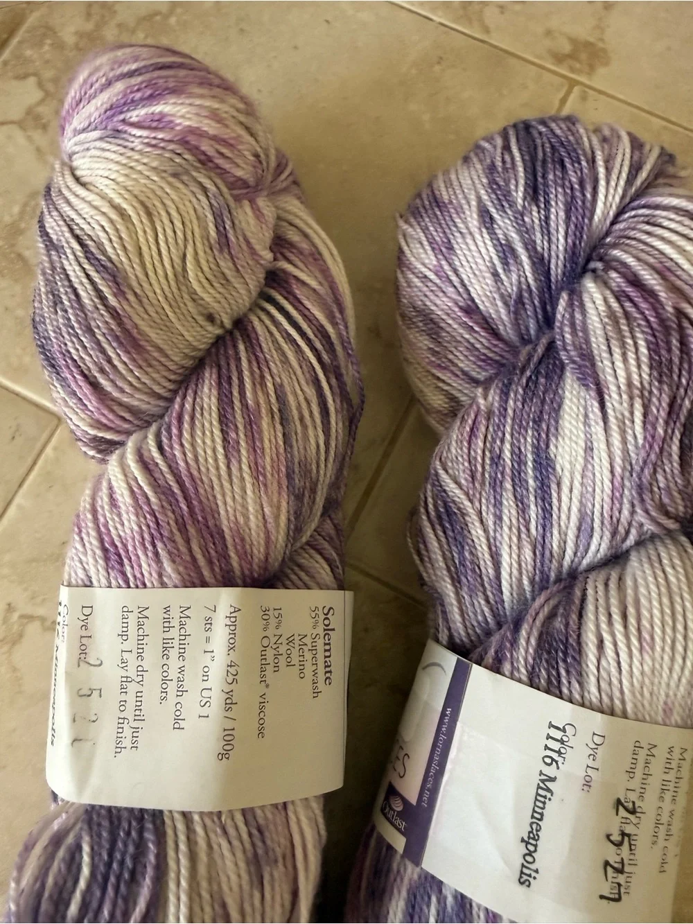 Lorna's Laces Hand-Dyed Yarn — Purple and Cream Speckled Skeins - Minneapolis